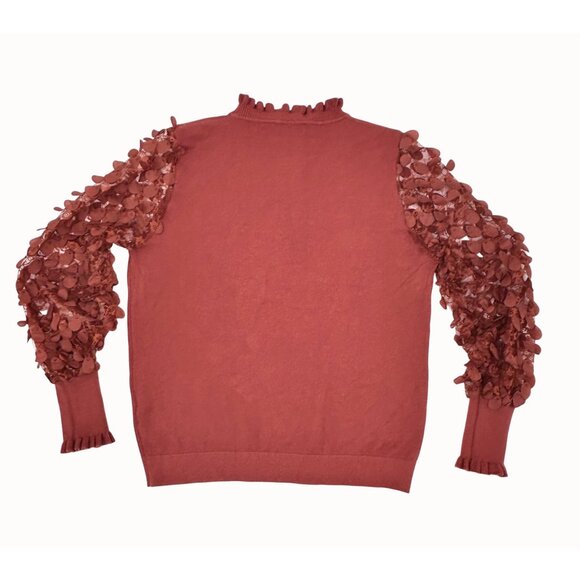 Sioni Milano XL Ruffle Neck Sweater With Sheer Lace Petal Sleeves In Rust - Picture 1 of 4